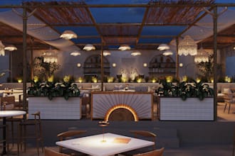 render beach nightclub house exterior, gala night shots design,bar lounge,lobby