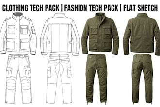 create clothing  tech pack, fashion tech pack and flat sketch for manufacturing