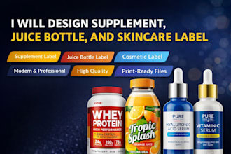 design supplement, juice bottle, and skincare label design