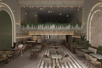 design waffle den cafe bar restaurant with interior exterior rendering