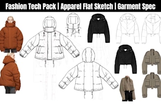 create fashion apparel tech pack, clothing tech pack and technical flat sketch