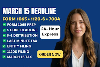 prepare and file march 15 irs tax returns form 1065, 1120s and schedule k1