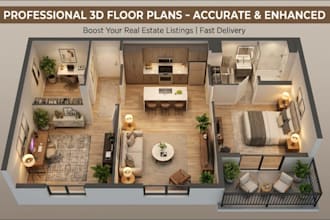 create real estate 3d floor plan rendering and 2d redraw floor plan for property