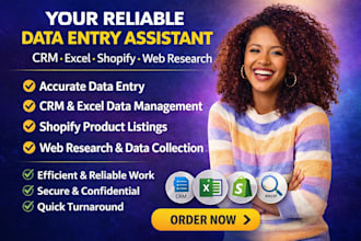 be your reliable data entry assistant for CRM, excel, shopify and web research