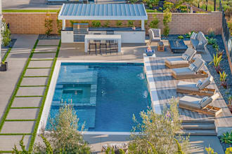 3d backyard landscape design, outdoor kitchen design pool, pergola, 3d rendering