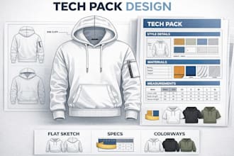 create clothing tech pack, fashion apparel tech pack, flat sketch for production