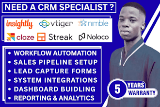 setup insightly crm, cloze, noloco, streak, vtiger and nimble