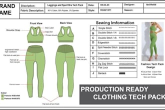 create activewear tech pack, sportswear, fitness design, gymwear and tech pack
