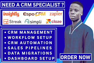 setup your insightly crm, cloze, streak, resimpli and espocrm