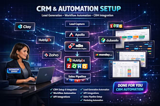 setup clay com, hubspot, zoho crm, n8n, apollo io, dubsado crm and monday crm