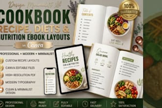 design minimalist cookbook recipe, diets and nutrition ebook layouts in canva