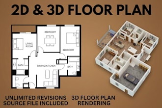 convert 2d floor plan to 3d floor plan rendering for interior and architectural