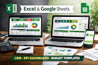 create excel or google sheets CRM, CSV spreadsheet, KPI dashboard and financial