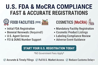 provide fda food facility registration and mocra cosmetic compliance