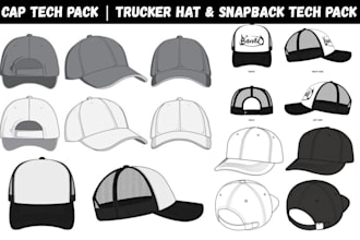 design custom cap tech pack, hat trucker and flat sketch ready for manufacturing