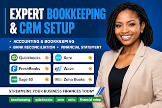 setup bookkeeping crm, xero, freshbooks, sage50, wave, quickbooks, zoho books