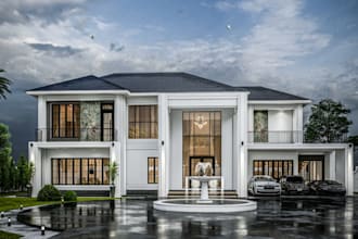 remodel modern villa,construct driveway, exterior elevation cgi,facade,farmhouse