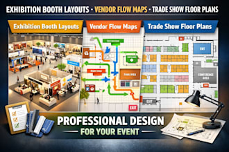 design exhibition booth layouts, vendor flow maps, and trade show floor plans
