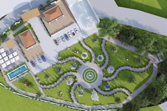 visualize propose landscape design, site layout 3d renders, garden terrain model