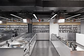 remodel modern industrial kitchen, restaurant interior design, food court render