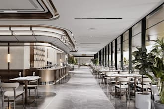 renew modern food court interior, commercial kitchen design, dining space render