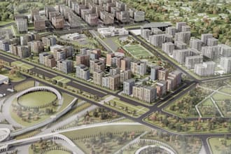 retrofit aerial architectural masterplan rendering, urban development, city map