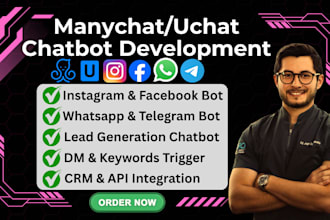 build instagram, facebook, whatsapp and telegram chatbot with manychat and uchat