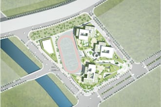 turn 2d master plan to 3d landscape rendering, 3d site layout aerial view design