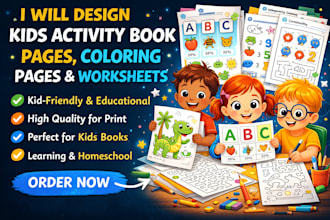 design kids activity book pages, coloring pages and worksheets
