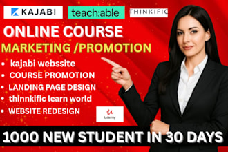 promote kajabi website, thinkific learn world, udemy course marketing