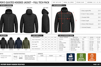 design puffer jacket, quilted jacket with full tech pack for production