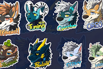 draw furry  headshot, furry badge, anthro art fursona icon, furry pfp, stickers
