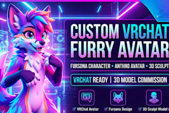 vrchat avatar, fursona character, anthro furry avatar, 3d model commission