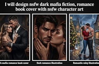 design nsfw dark mafia fiction, romance book cover with nsfw character art