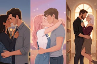 custom romance book illustration, couple scene commission storybook cover style