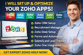 setup zoho CRM, zoho one, zoho recruit, zoho forms, zoho salesiq zoho desk fsm