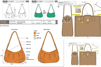 design any bags hand bags tote bags, duffle bag, technical drawing and tech pack