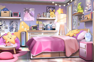 draw anime vtuber background interior, illustration art assets and accessories