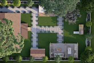 design modern 3d landscape garden, outdoor seating design, pathway layout, dwg