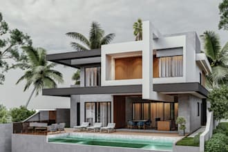 redesign contemporary building,duplex house, add modern pool,villa elevation cgi