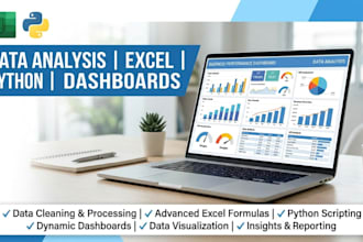 do excel data analysis, python data analytics, and dashboards
