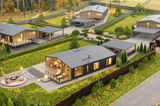 design modern cabin house, rural homes development, residential exterior render