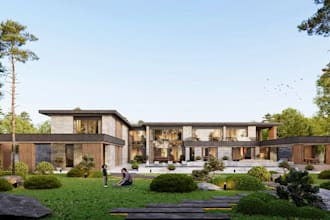 design modern villa elevation house plan,stone facade render,wood panel cladding