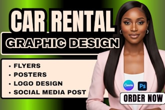 design modern car rental social media graphics, logo, flyer, brochure, banner