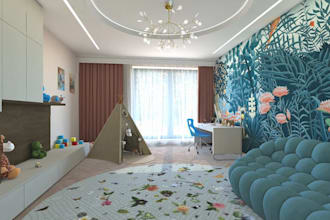 overhaul3d indoor children playroom, kids area render, kids bedroom, kids teepee