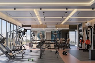 restyle modern gym interior layout, fitness center, sport complex, cgi render
