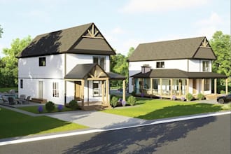 design family home villa, farmhouse community, facade elevation, driveway design
