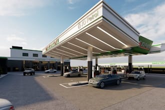 refit 3d exterior gas station,cgi supermarket, restaurant,car park ,fuel station