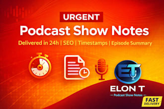 write urgent podcast show notes with SEO timestamps episode summary in 24h