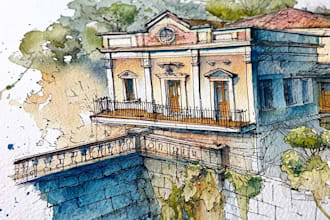 sketch architecture building with watercolor rendering